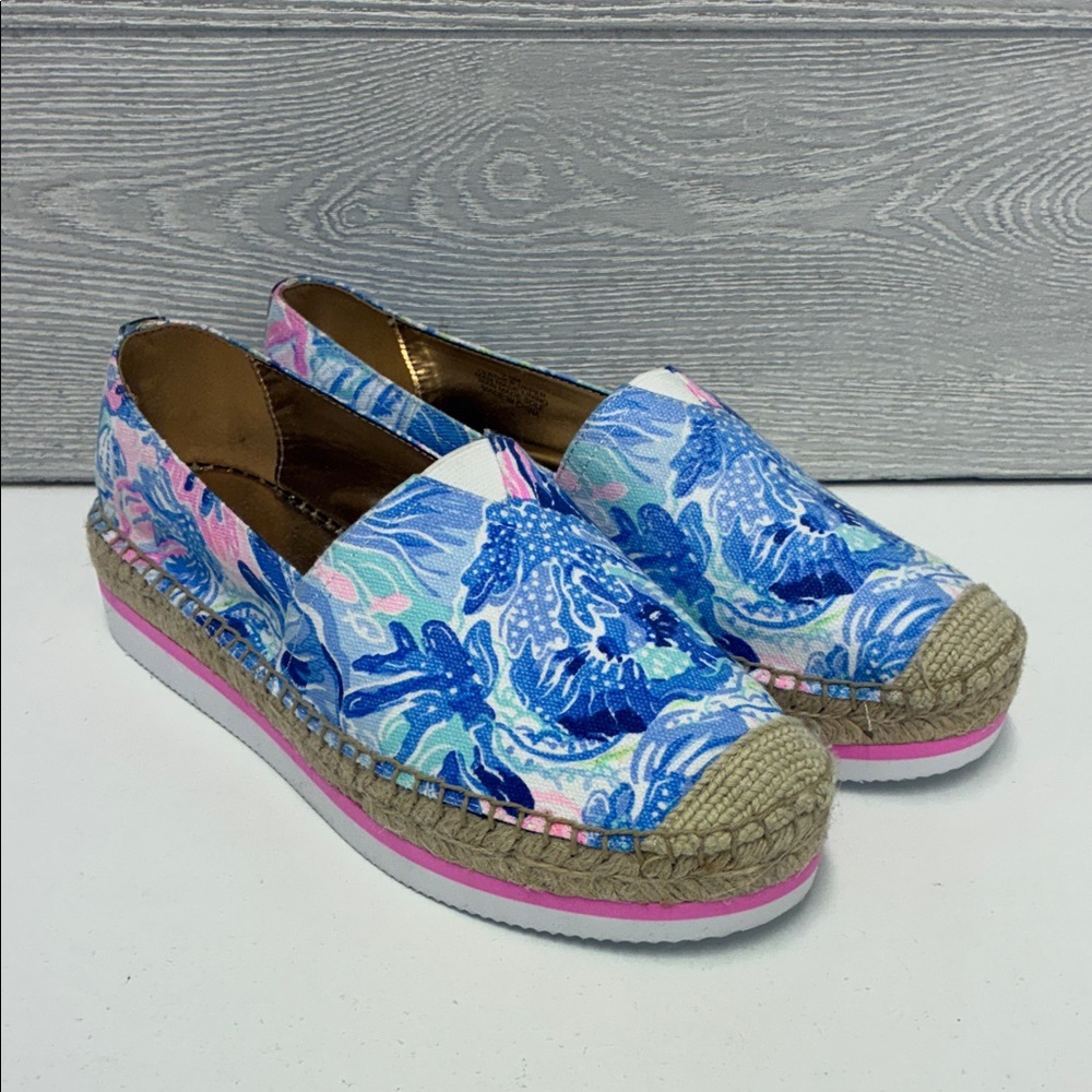 Lilly Pulitzer Canvas Slip On Blue and Pink  Shoes with Gold Accents